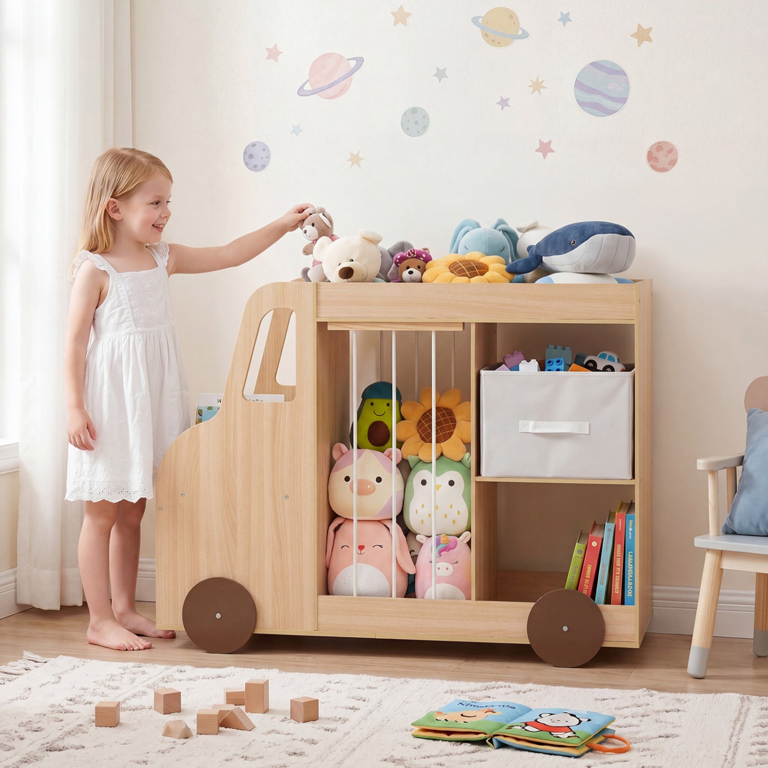 Baby & kids toy storage organizer with fabric drawers, stuffed animal compartments, and universal wheels in natural finish.