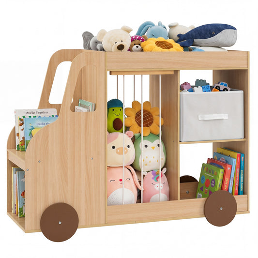Natural fabric toy storage organizer with stuffed animal compartments and universal wheels for kids' room organization.