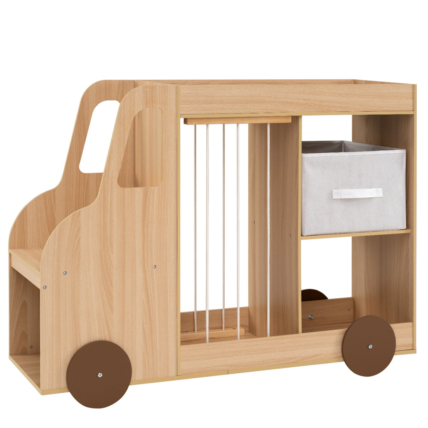 Kids toy storage organizer with fabric drawers, stuffed animal compartments, and universal wheels in natural finish for toddlers.