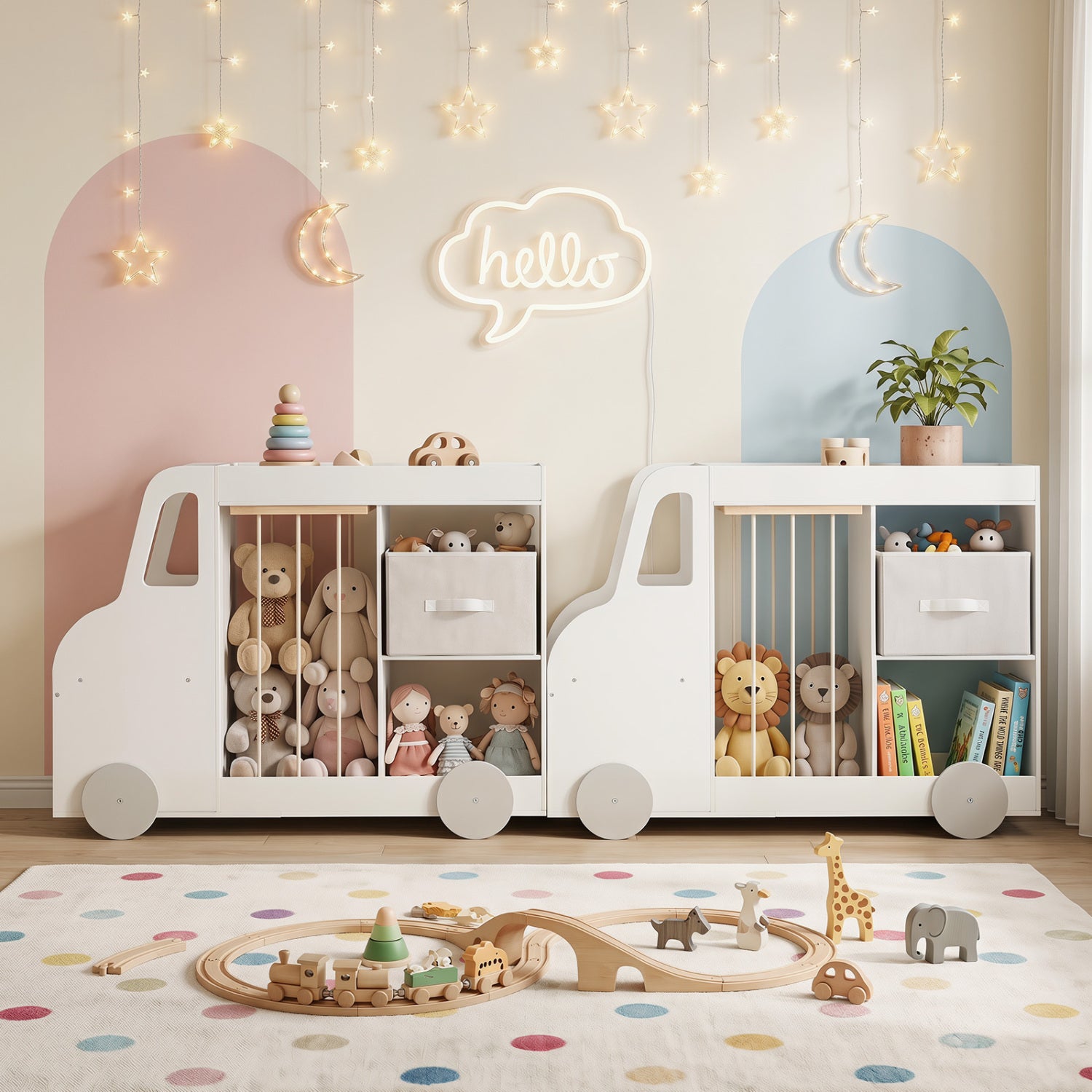 Natural toy storage organizer with fabric drawer, stuffed animal compartment, and universal wheels, ideal for toddler and kids rooms.