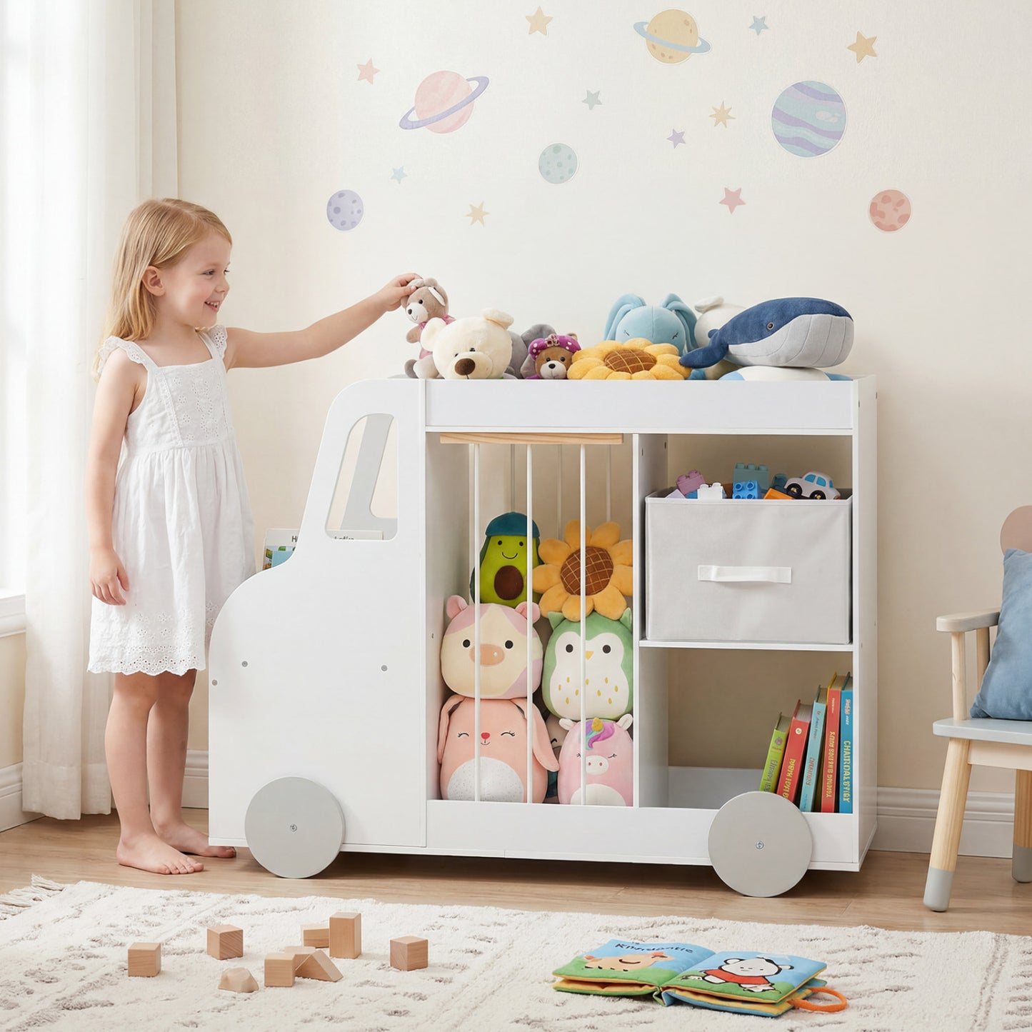 Natural fabric toy storage organizer with stuffed animal compartments, on universal wheels, ideal for toddler and kids' room storage.