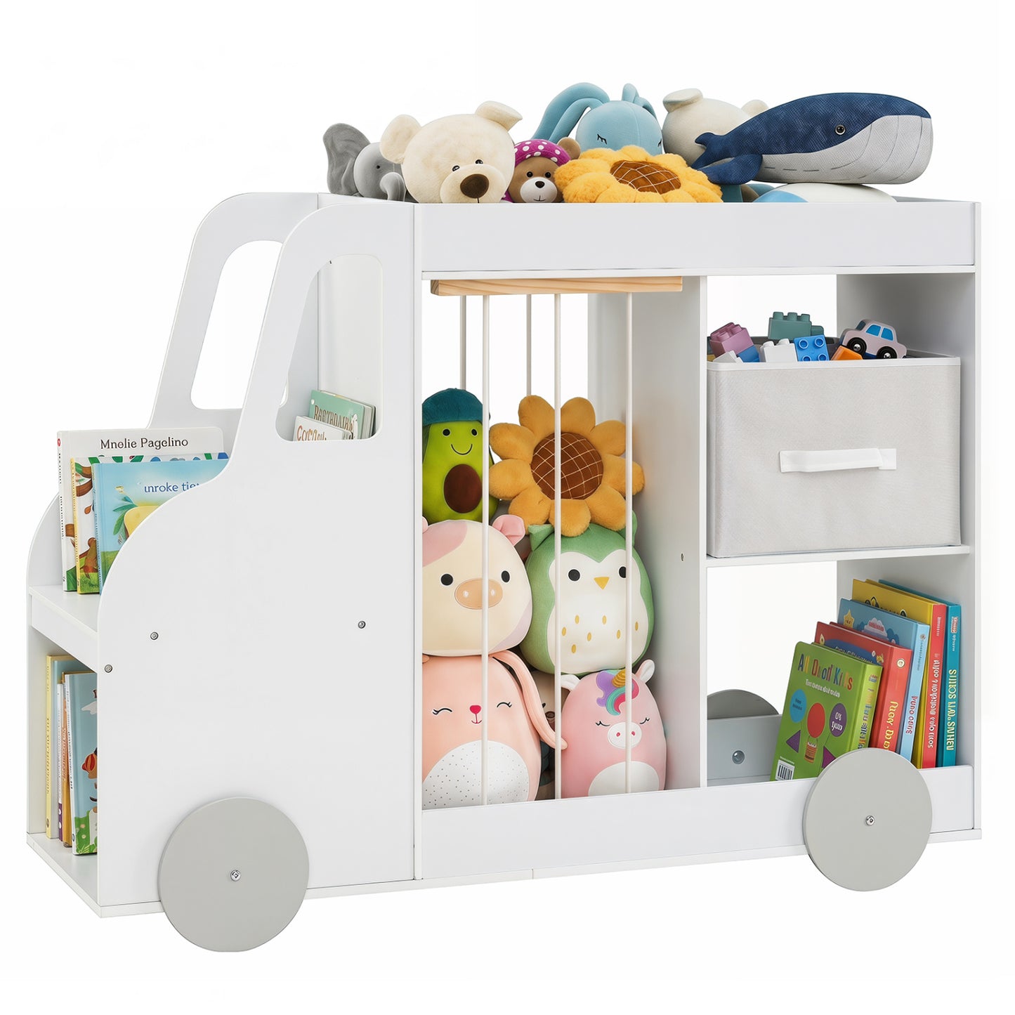 Natural fabric toy storage organizer with stuffed animal compartment and universal wheels, ideal for toddler and kids' rooms.