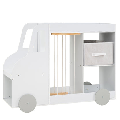 Toy storage organizer with fabric drawers, stuffed animal compartments, and universal wheels for kids' room organization.