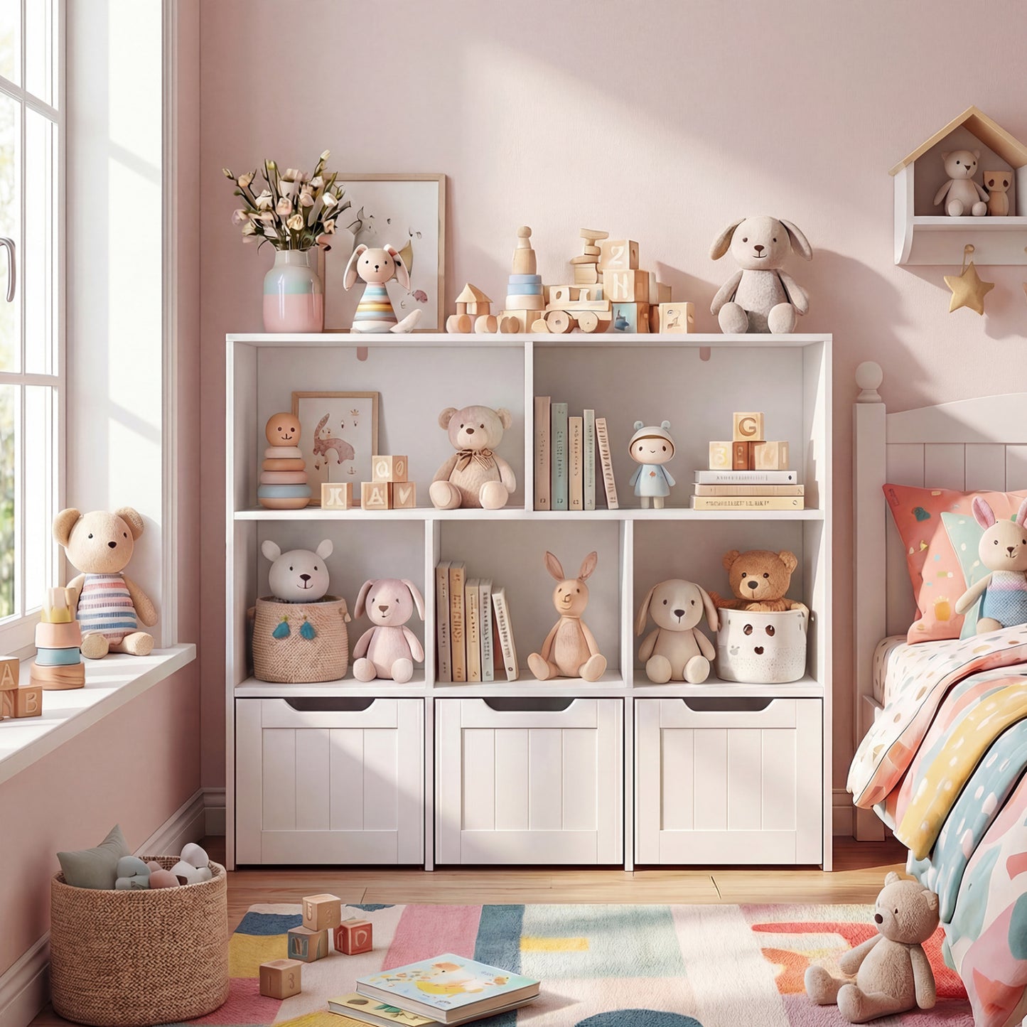 White toy storage organizer with three movable drawers and five open cubbies, ideal for kids' playroom organization.