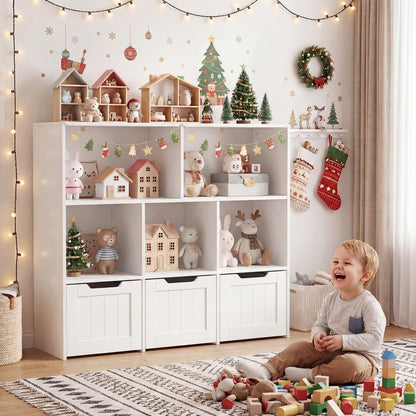 White toy storage organizer with 3 movable drawers and 5 open cubbies, ideal for kids' playroom storage.