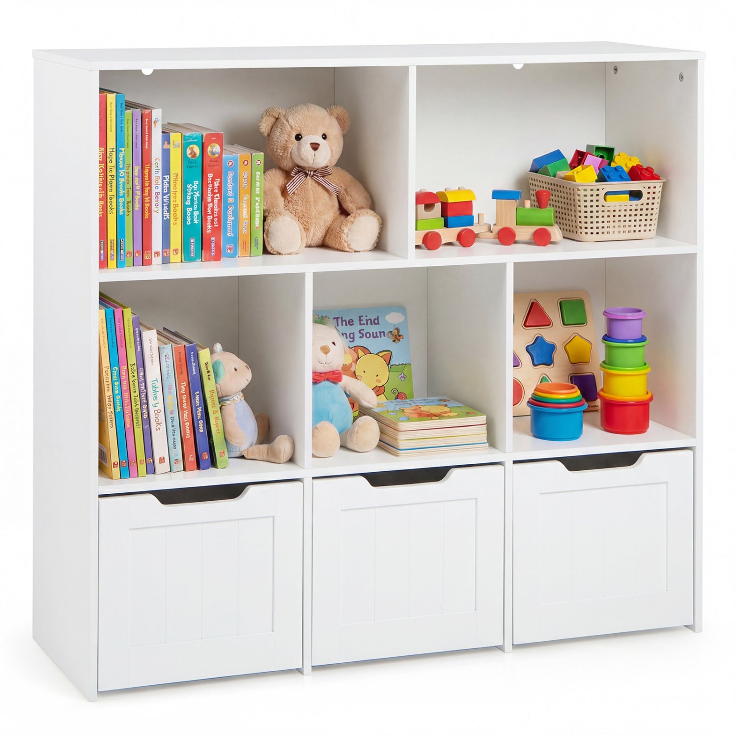 White toy storage organizer with 3 movable drawers and 5 open cubbies for kids' playroom, by Direct by Wilsons Home Store.