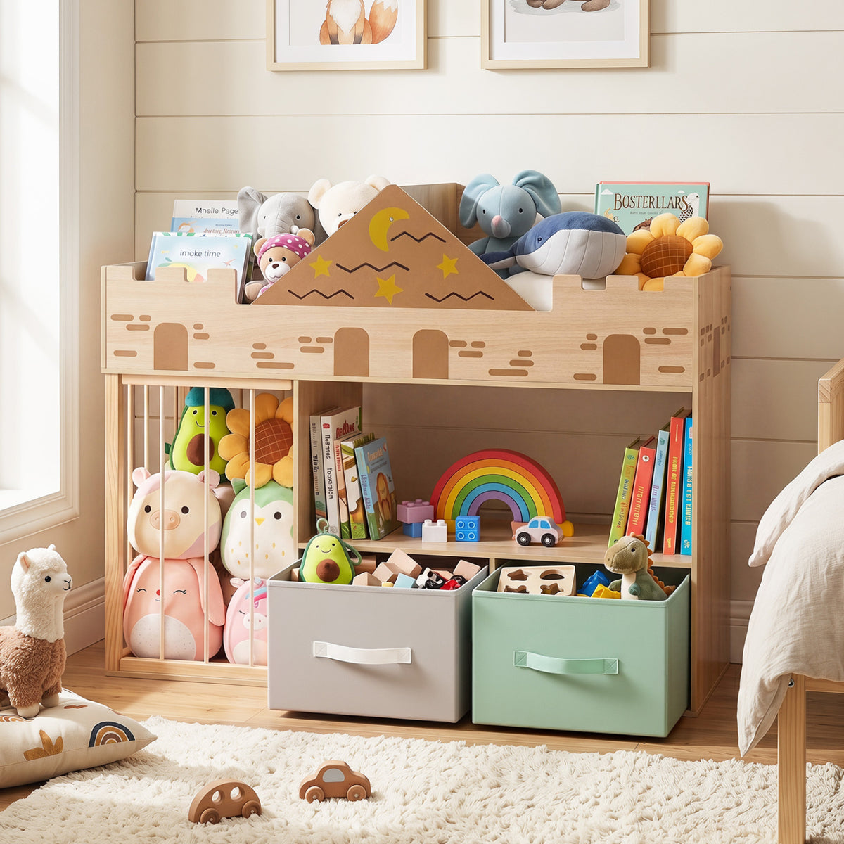 Natural wooden toy storage organizer with open shelves and stuffed animal compartments for kids' room organization.