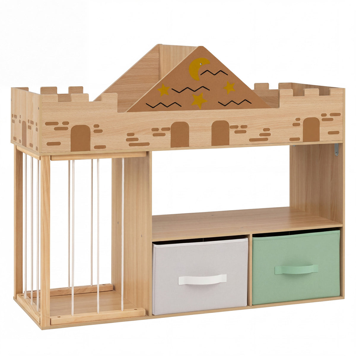 Natural wood toy storage organizer with open shelves and stuffed animal compartments for kids’ room organization.