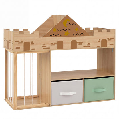 Natural wood toy storage organizer with open shelves and stuffed animal compartments for kids’ room organization.