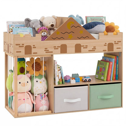 Natural wood toy storage organizer with open shelves and stuffed animal compartments for kids' room organization.