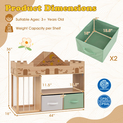Natural toy storage organizer with open shelves and stuffed animal compartments for kids, in a natural wood finish.