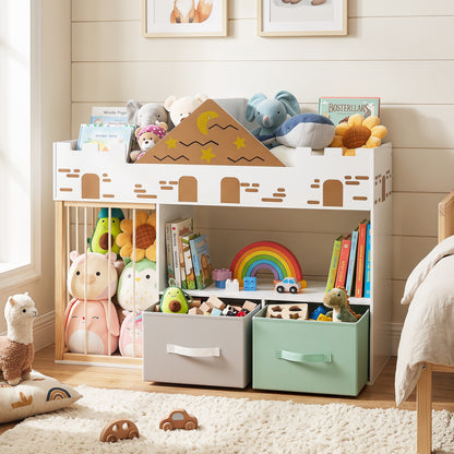 Natural wood toy storage organizer with open shelves and stuffed animal compartments, ideal for kids' bedrooms.