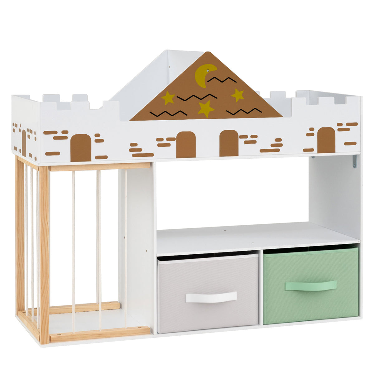 Natural wood toy storage organizer with open shelves and stuffed animal compartments for kids' playroom organization.