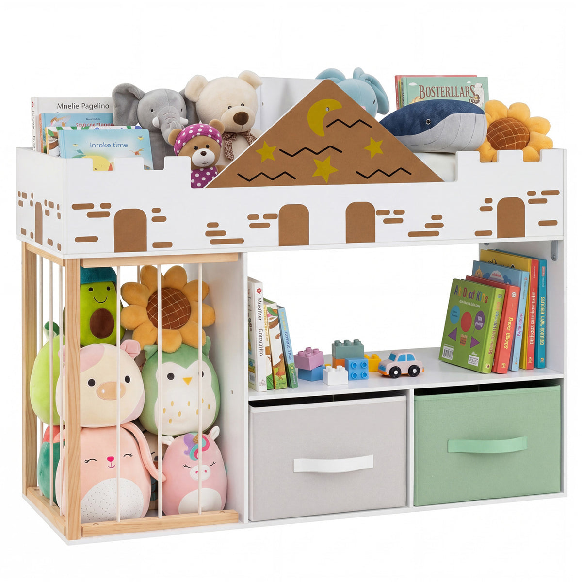 Natural wood toy storage organizer with open shelves and stuffed animal compartments for kids' bedroom or playroom.