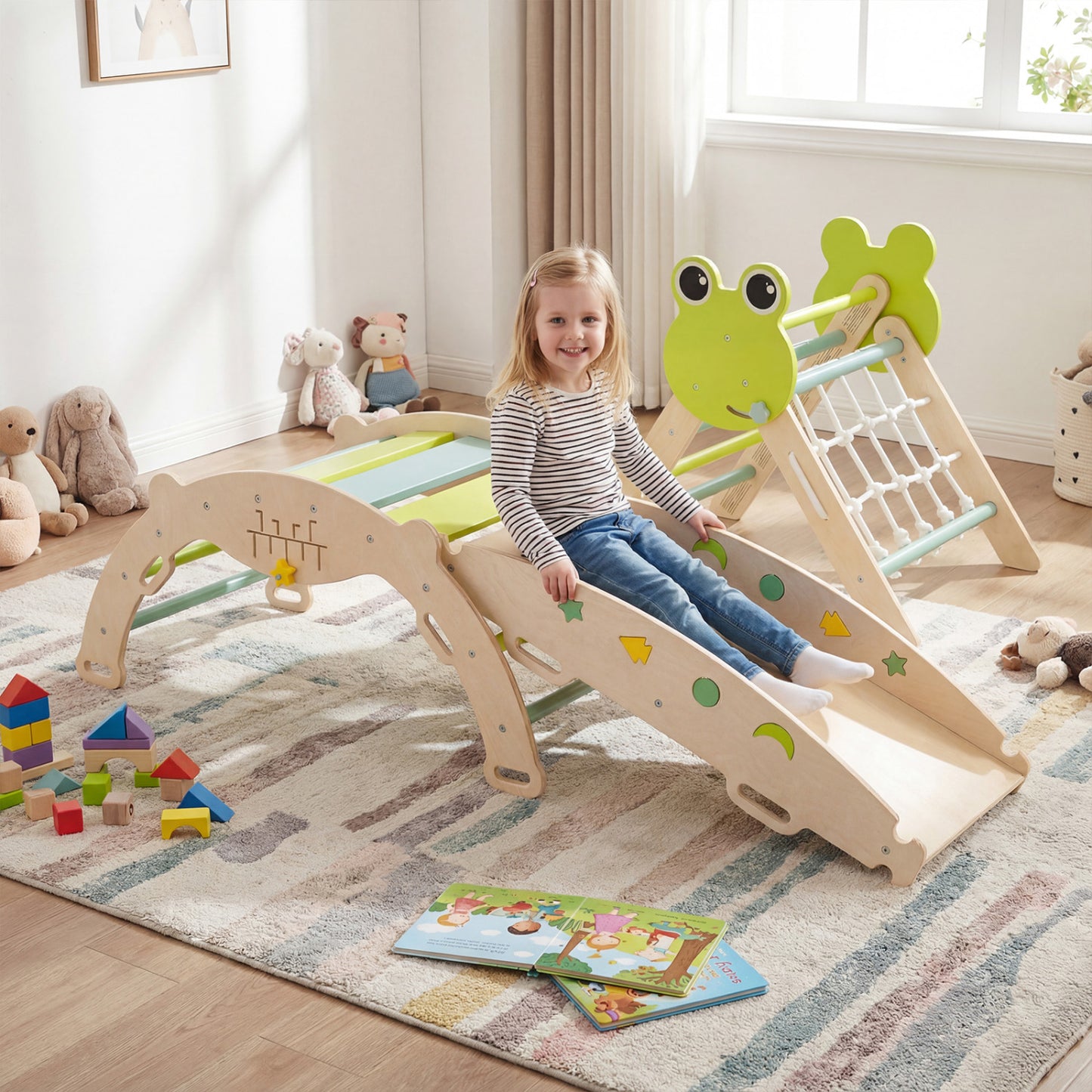 Triangle Climbing Set Foldable Jungle Gym with Arch Ramp and Climber-Green