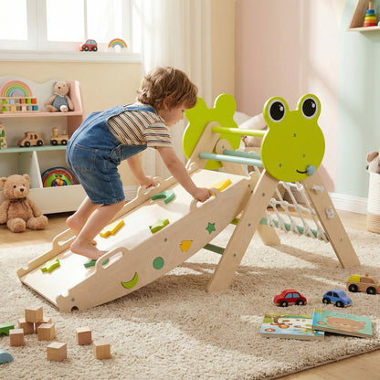 Triangle Climbing Set Foldable Jungle Gym with Arch Ramp and Climber-Green