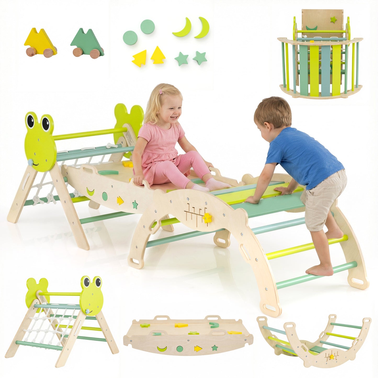 Triangle Climbing Set Foldable Jungle Gym with Arch Ramp and Climber-Green