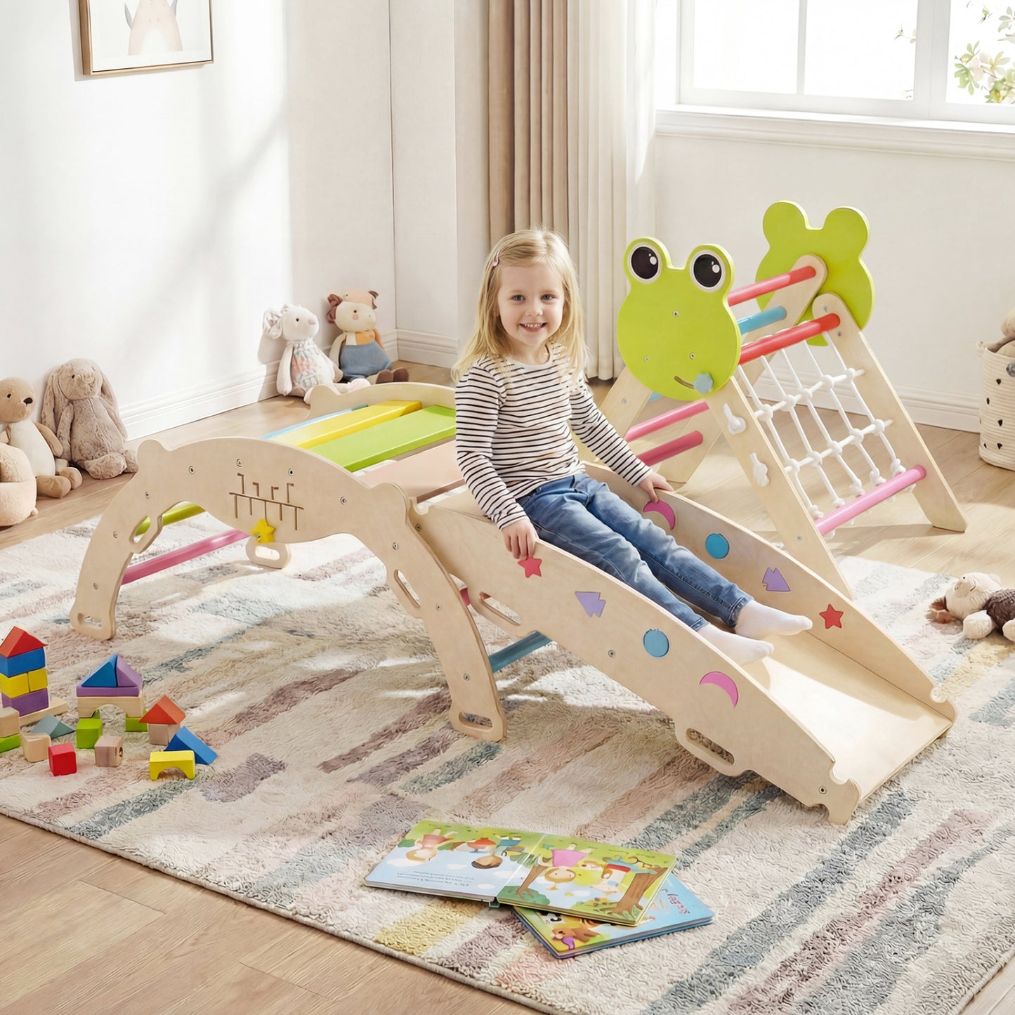 Triangle Climbing Set Foldable Jungle Gym with Arch Ramp and Climber-Green