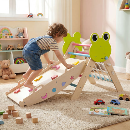Triangle Climbing Set Foldable Jungle Gym with Arch Ramp and Climber-Green