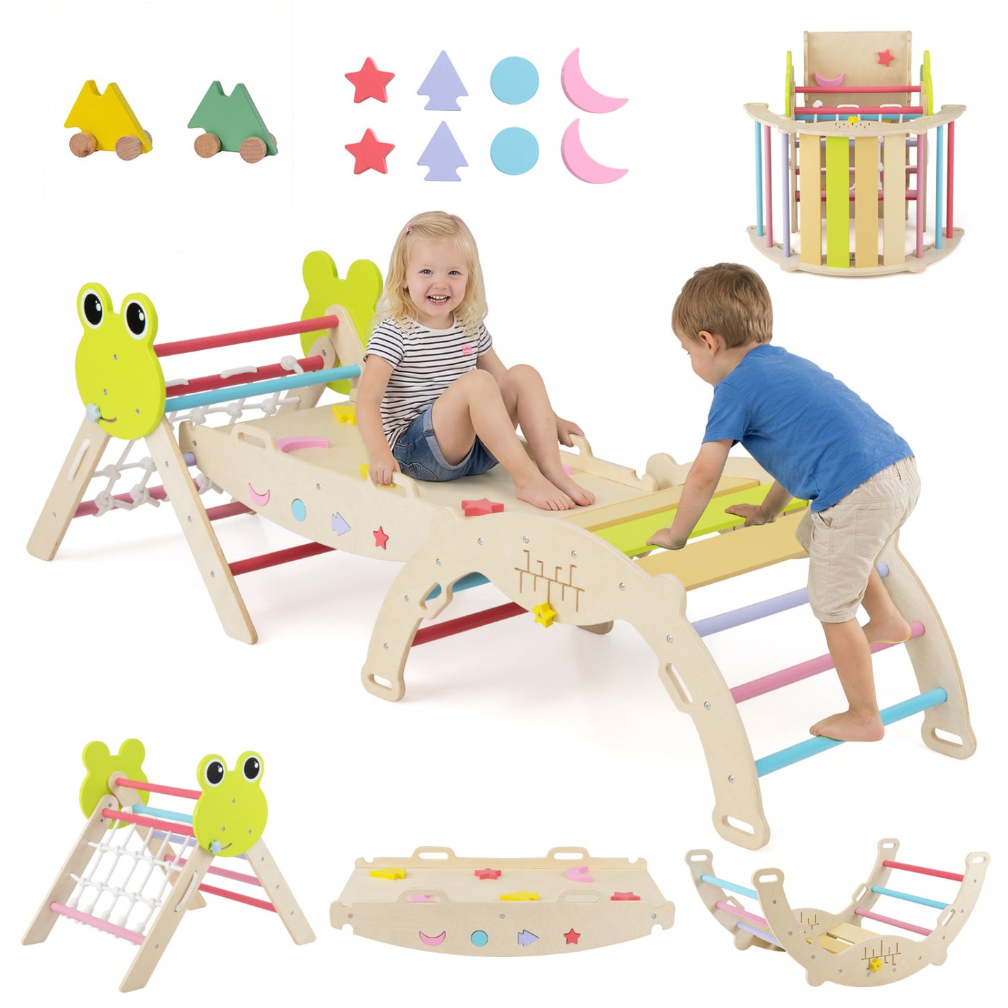 Triangle Climbing Set Foldable Jungle Gym with Arch Ramp and Climber-Green