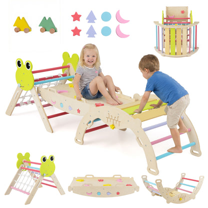 Triangle Climbing Set Foldable Jungle Gym with Arch Ramp and Climber-Green