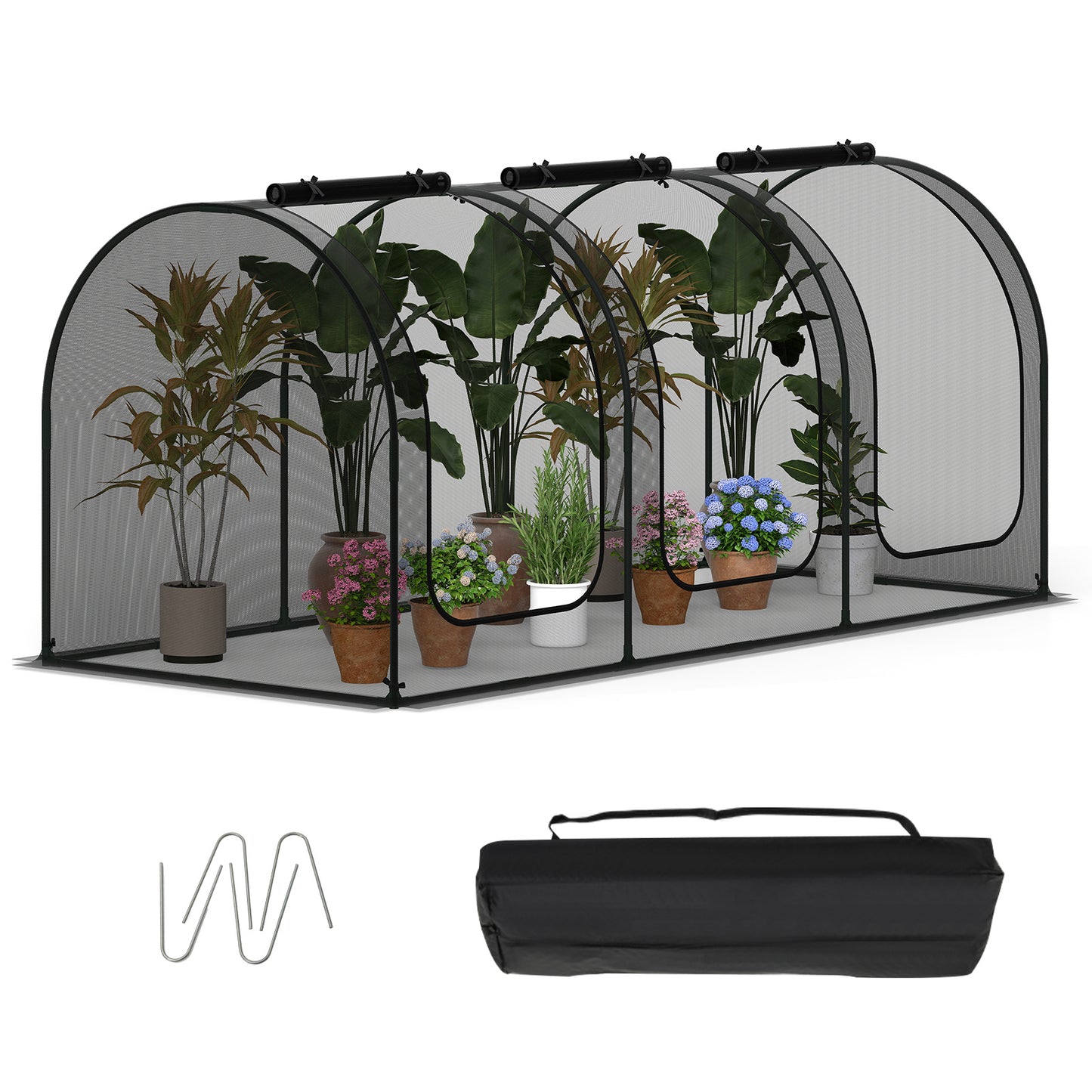 Tunnel Crop Cage Large Portable Plant Protection Tent with 3 Roll-up Zippered Doors
