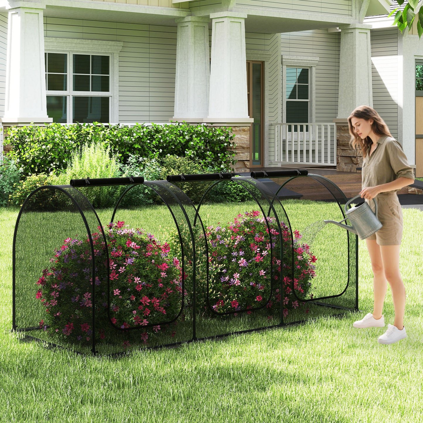 Tunnel Crop Cage Large Portable Plant Protection Tent with 3 Roll-up Zippered Doors