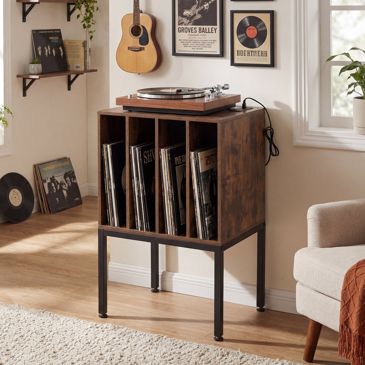Turntable Record Player Stand with Power Outlets-Black