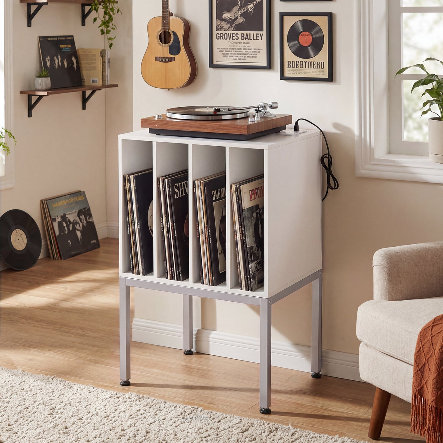 Turntable Record Player Stand with Power Outlets-Black