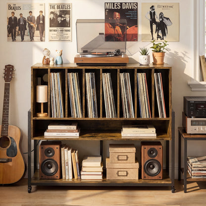 Black turntable stand with built-in charging station and vinyl storage shelves, modern furniture for living room.