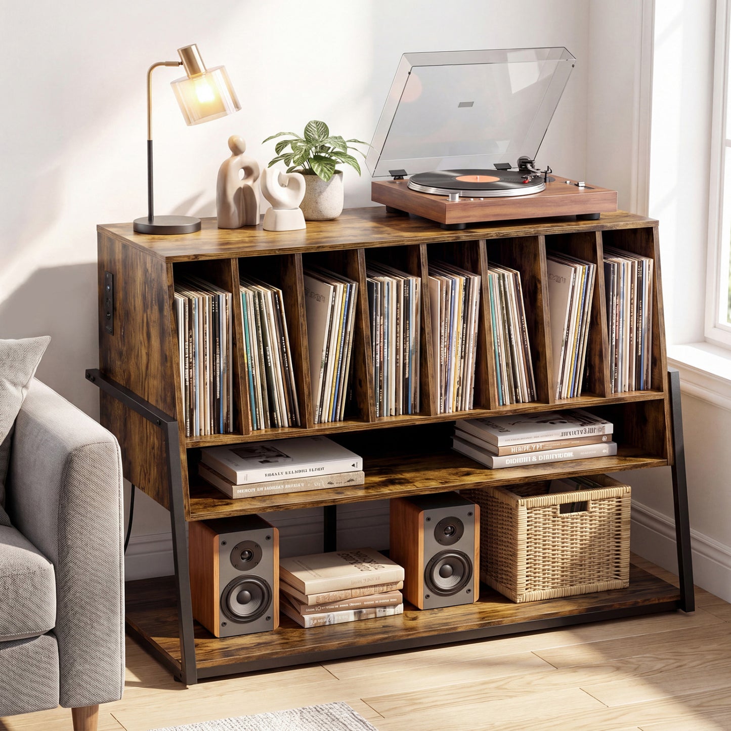 Black turntable stand with built-in charging station and vinyl storage shelves, suitable for living room use.