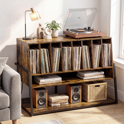 Black turntable stand with built-in charging station and vinyl storage shelves, suitable for living room use.