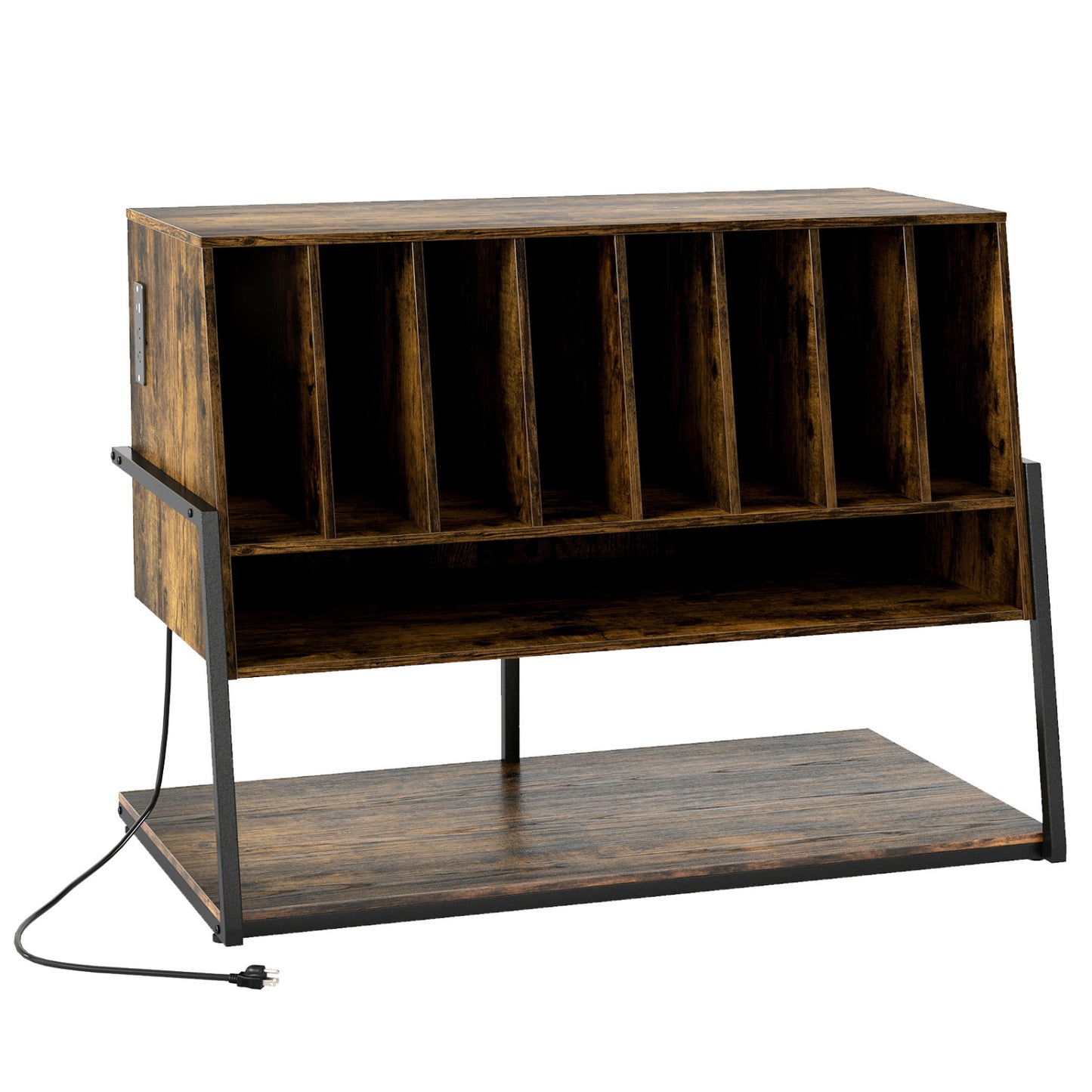 Black turntable stand with built-in charging station and vinyl storage shelves, ideal for living room furniture.