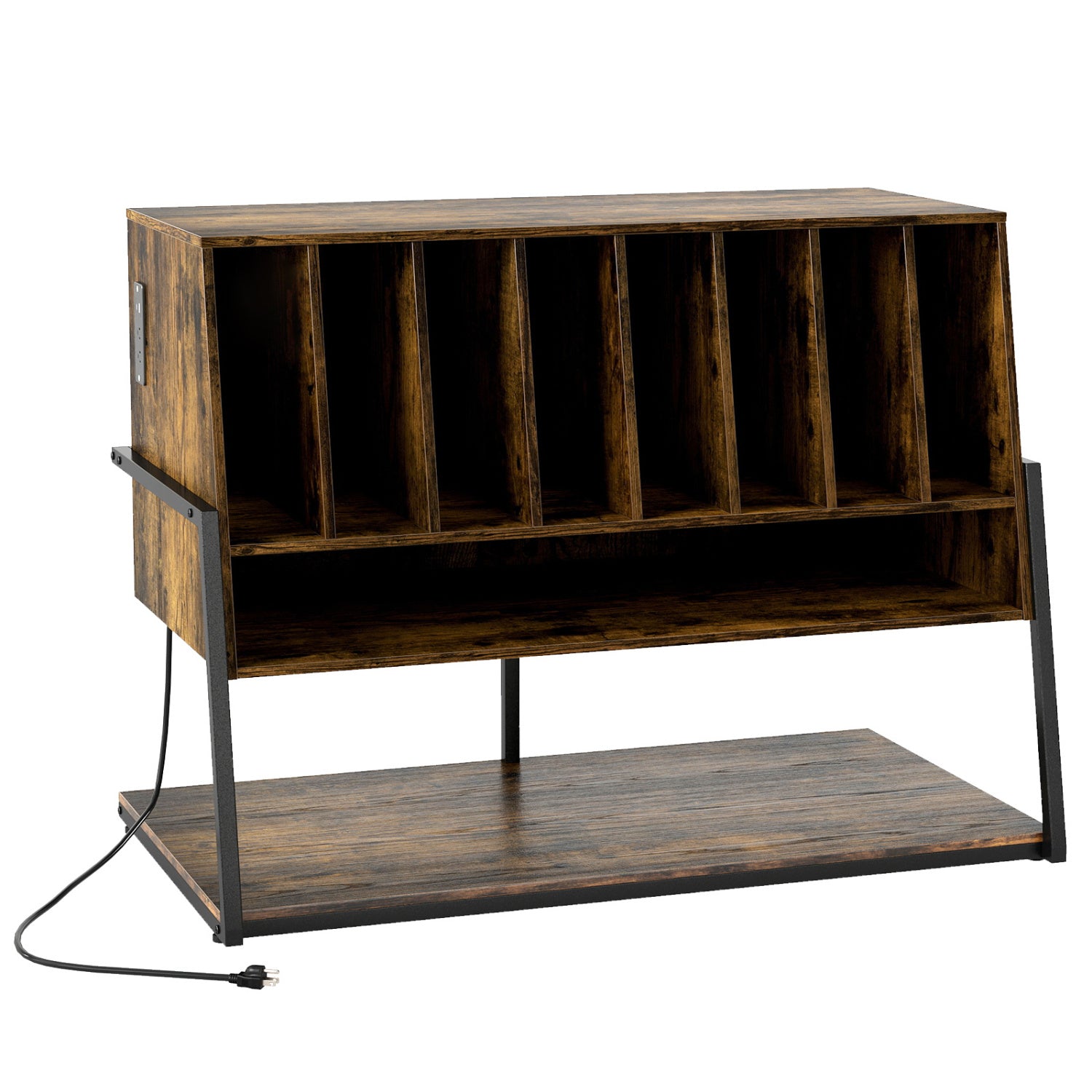 Black turntable stand with built-in charging station and vinyl storage shelves, ideal for living room furniture.