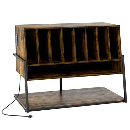 Black turntable stand with built-in charging station and vinyl storage shelves, ideal for living room furniture.
