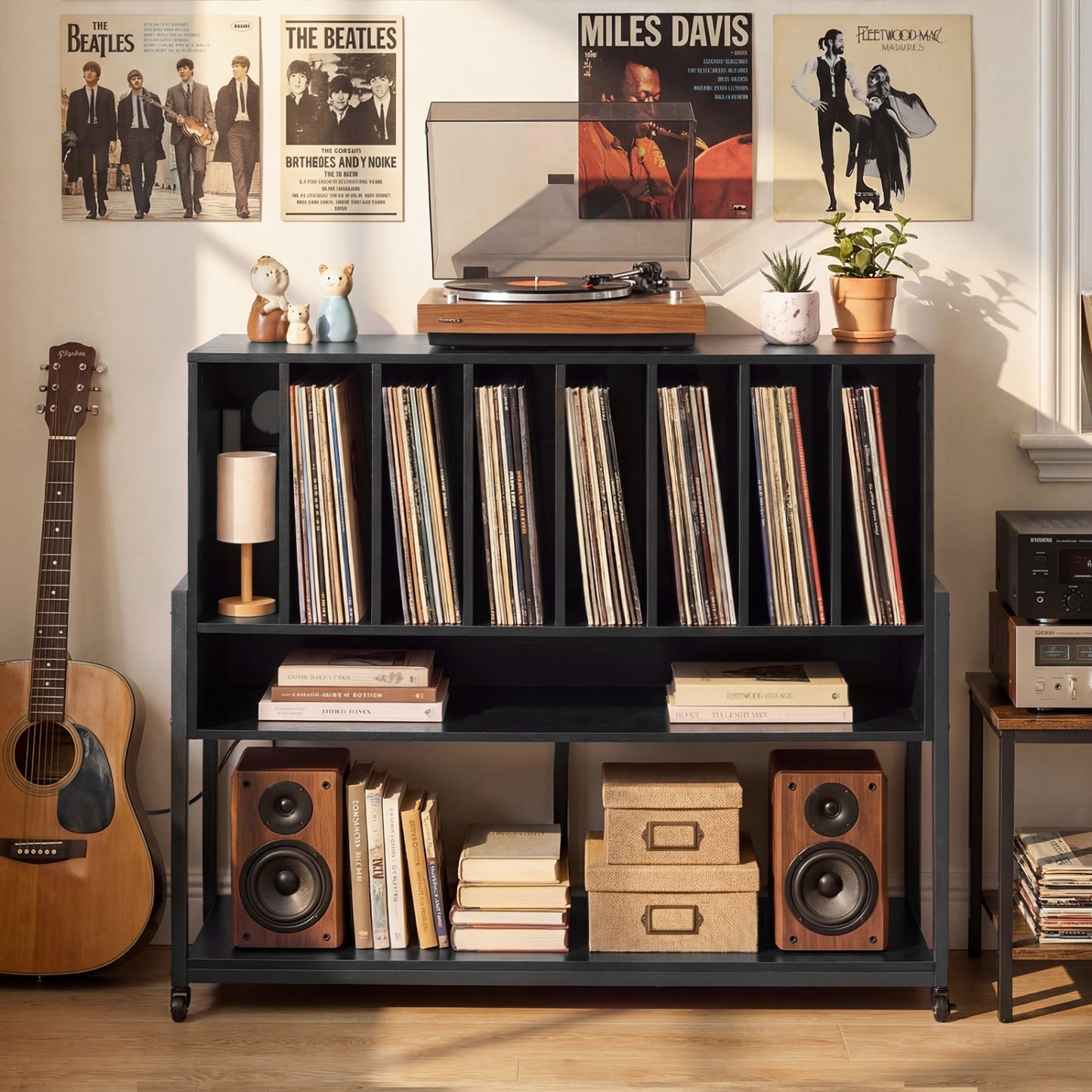 Black turntable stand with built-in charging station and vinyl storage shelves, perfect for living room furniture.