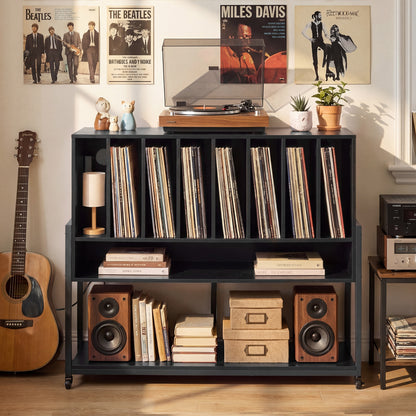 Black turntable stand with built-in charging station and vinyl storage shelves, perfect for living room furniture.