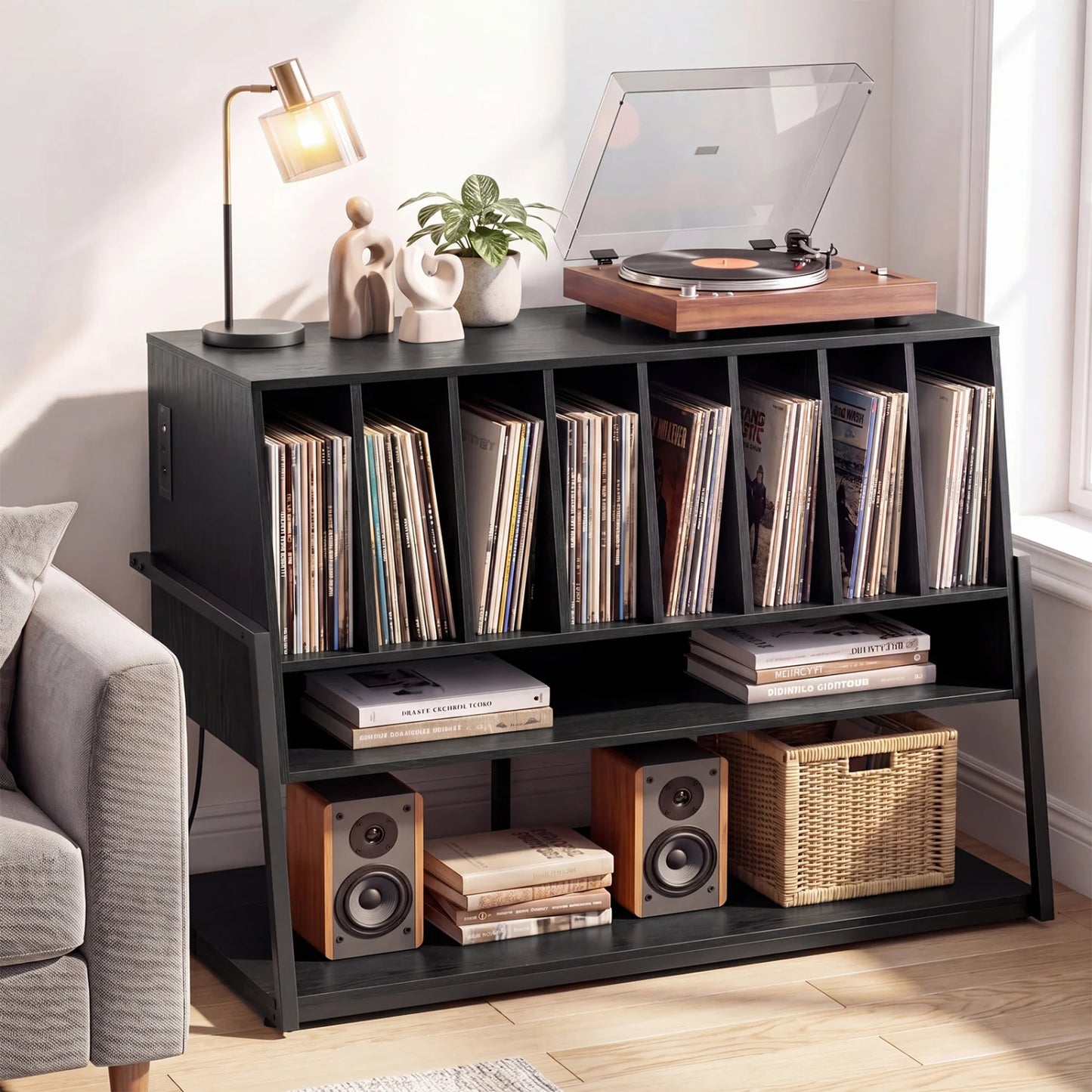 Black turntable stand with built-in charging station and vinyl storage shelves, ideal for living room furniture.