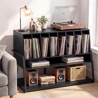 Black turntable stand with built-in charging station and vinyl storage shelves, ideal for living room furniture.