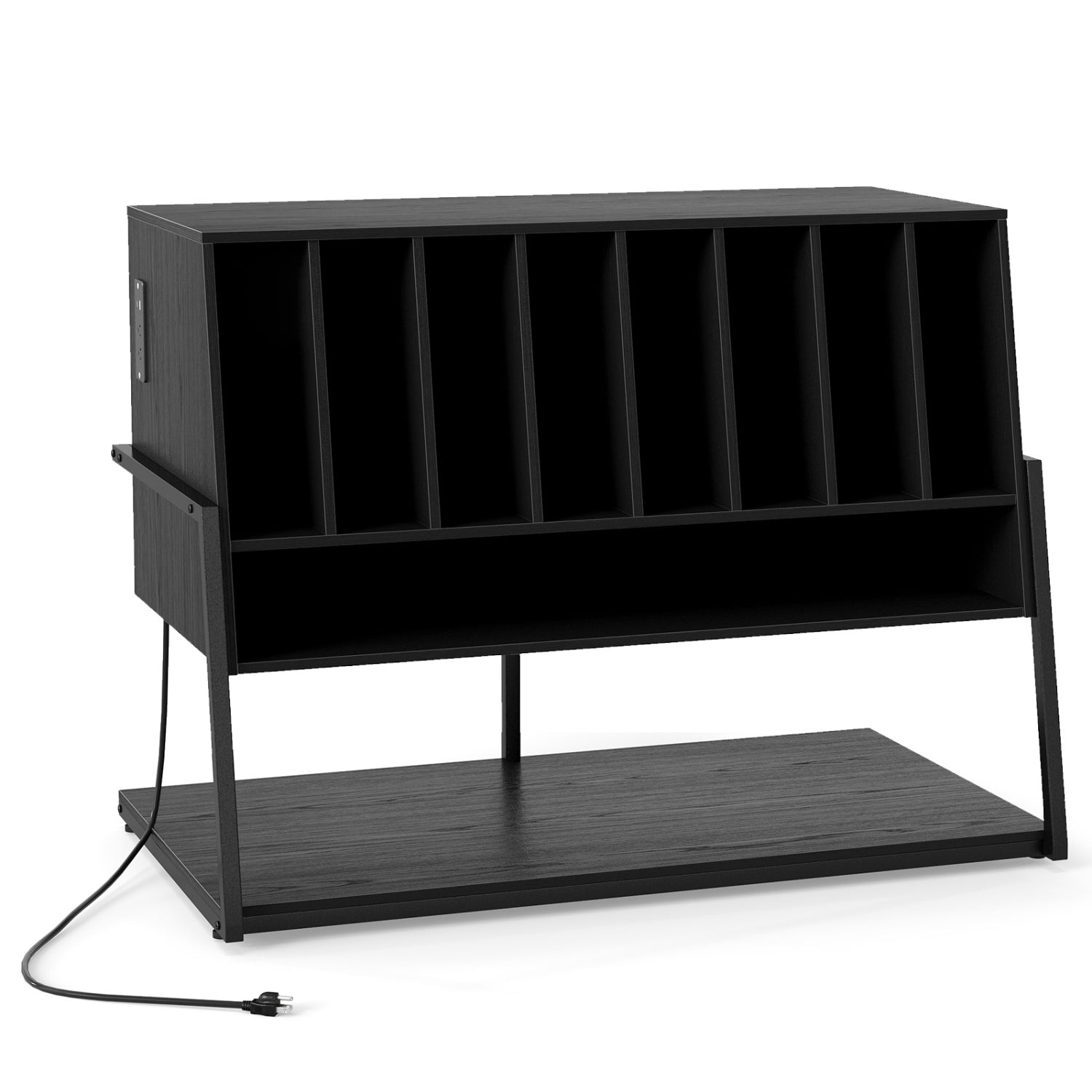 Black turntable stand with built-in charging station and vinyl storage shelves, designed for living room use.
