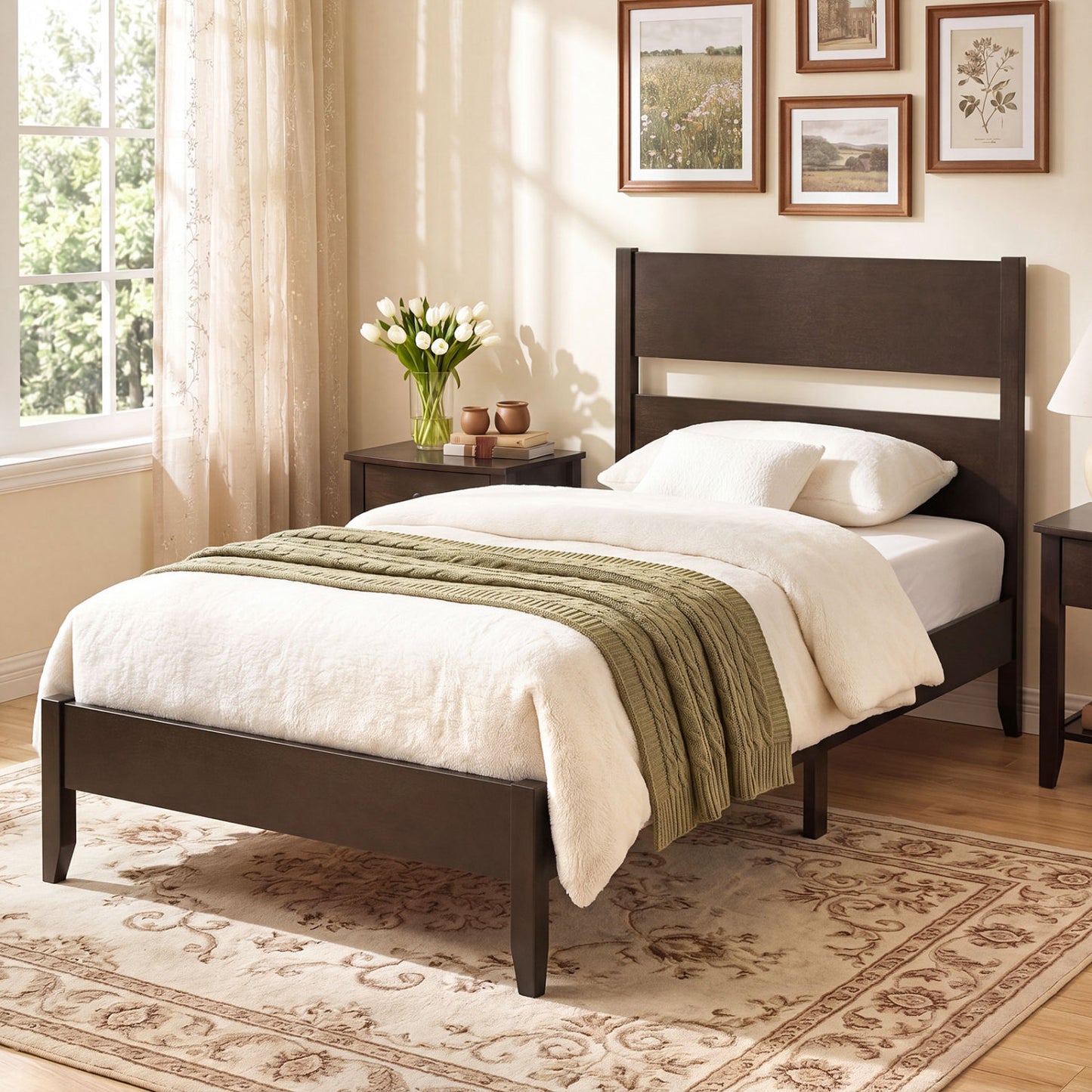 Twin Bed Frame with Headboard with Solid Wood Legs 12 Slats-Warm Brown