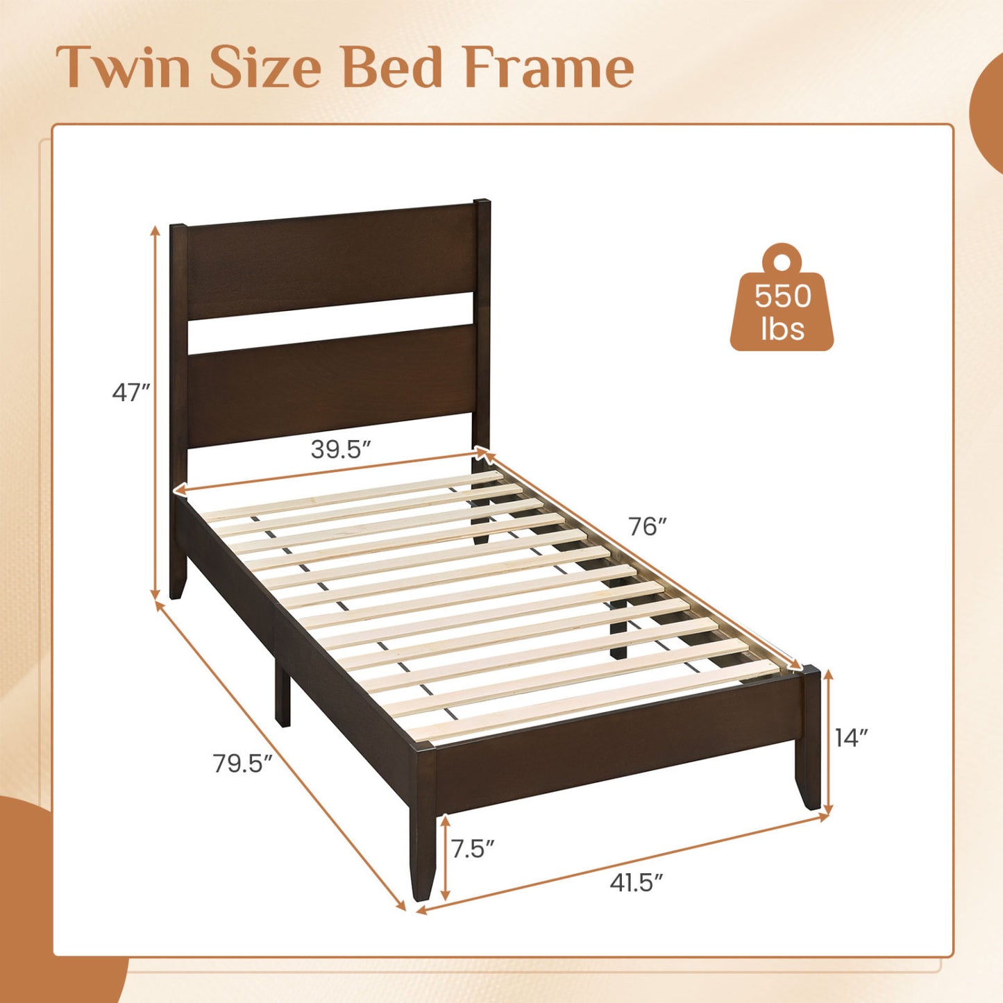 Twin Bed Frame with Headboard with Solid Wood Legs 12 Slats-Warm Brown