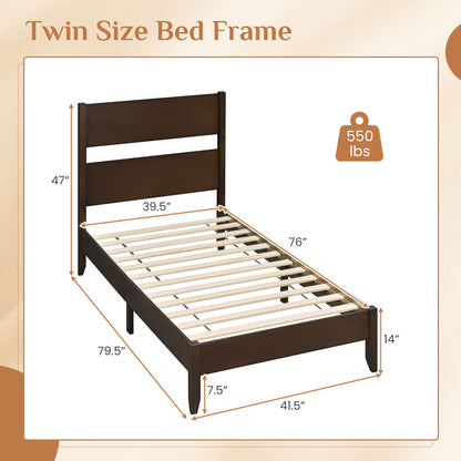 Twin Bed Frame with Headboard with Solid Wood Legs 12 Slats-Warm Brown