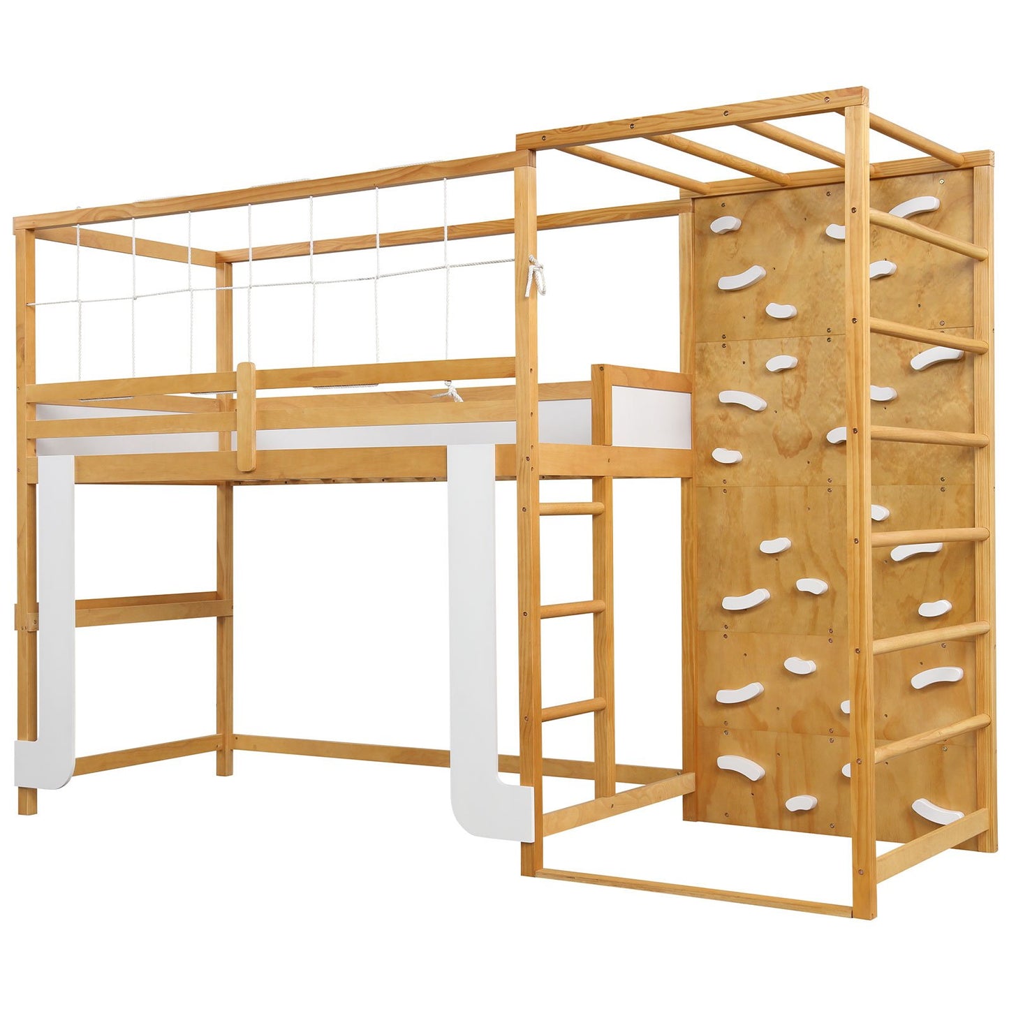 Twin Bunk Bed with Jungle Gym Wooden Loft Bed with Climbing Ladder-Natural