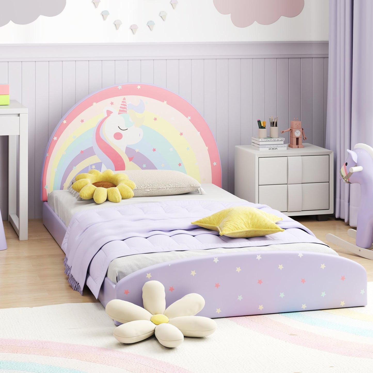 Twin Floor Bed Frame Upholstered Twin Size Kids Floor Bed with 210D Oxford Cloth Floor Mat-Blue
