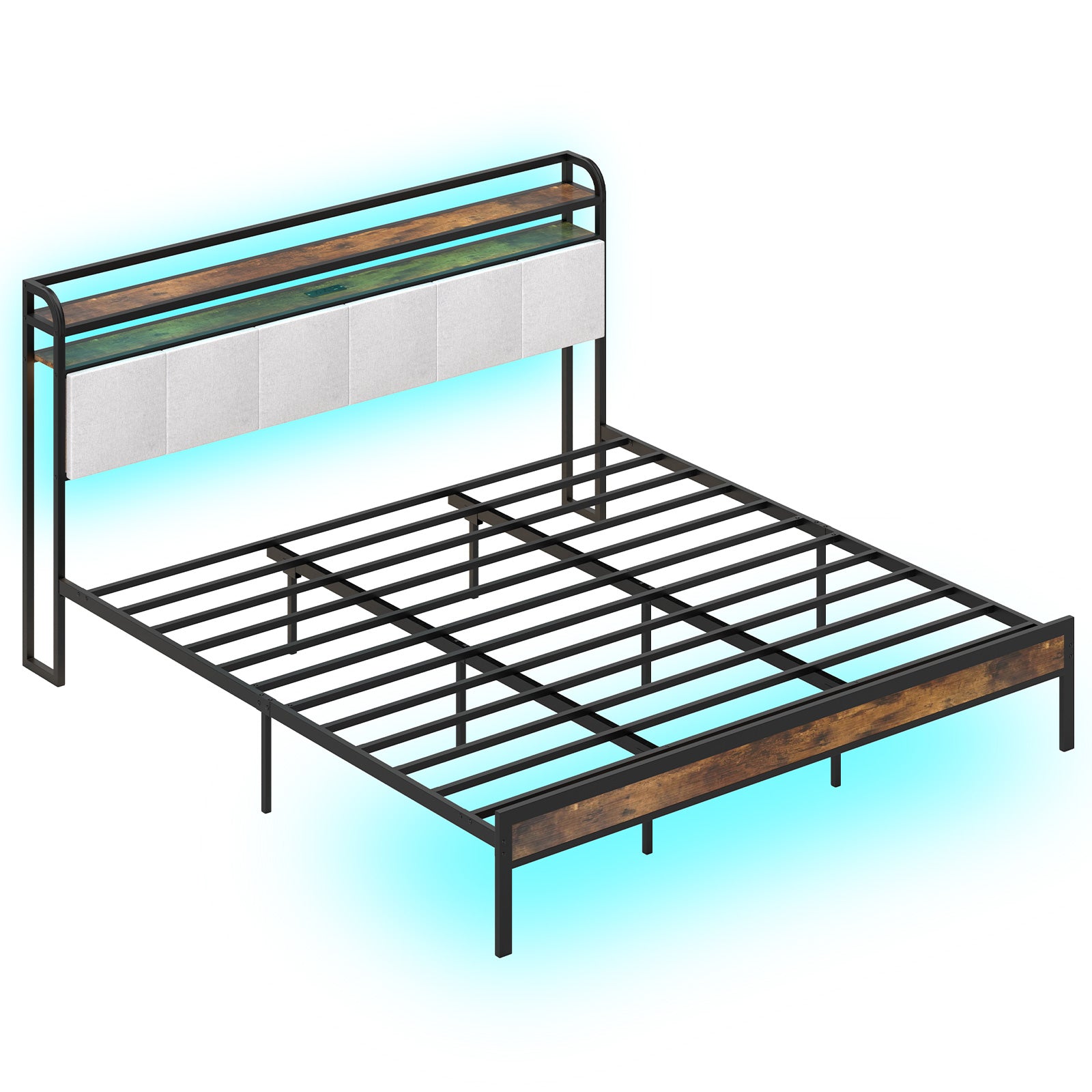 King size bed frame with LED lights and charging station, sleek furniture design from Wilsons Home Store for modern bedrooms.