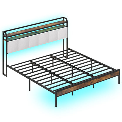 King size bed frame with LED lights and charging station, sleek furniture design from Wilsons Home Store for modern bedrooms.