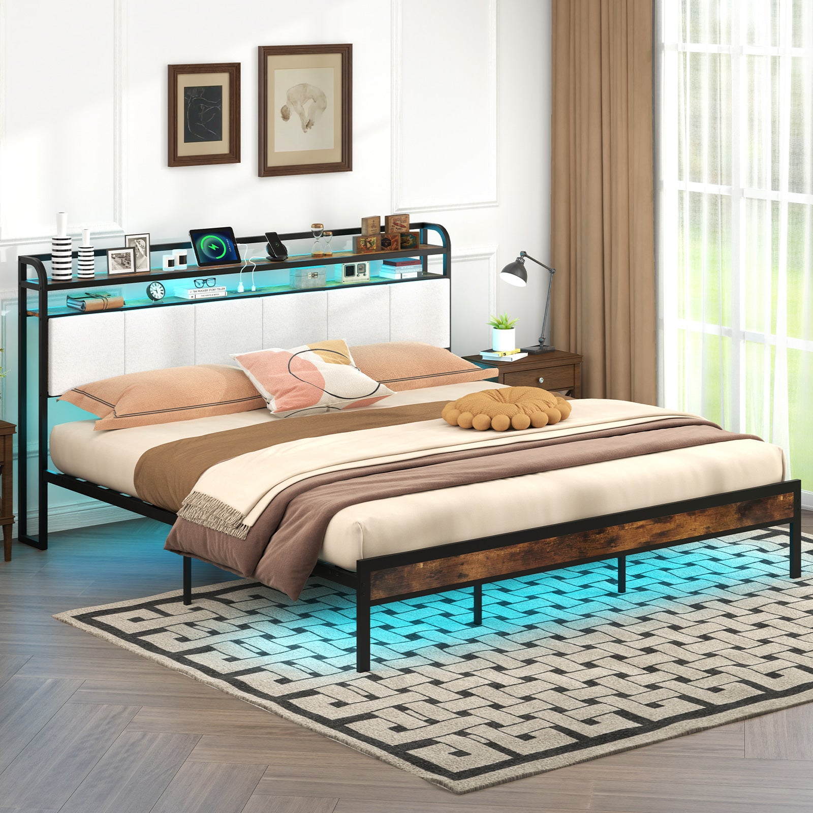 King size bed frame by Wilsons Home Store with LED lighting and built-in charging station, featuring a sleek modern design.