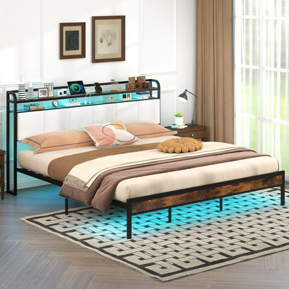 King size bed frame by Wilsons Home Store with LED lighting and built-in charging station, featuring a sleek modern design.