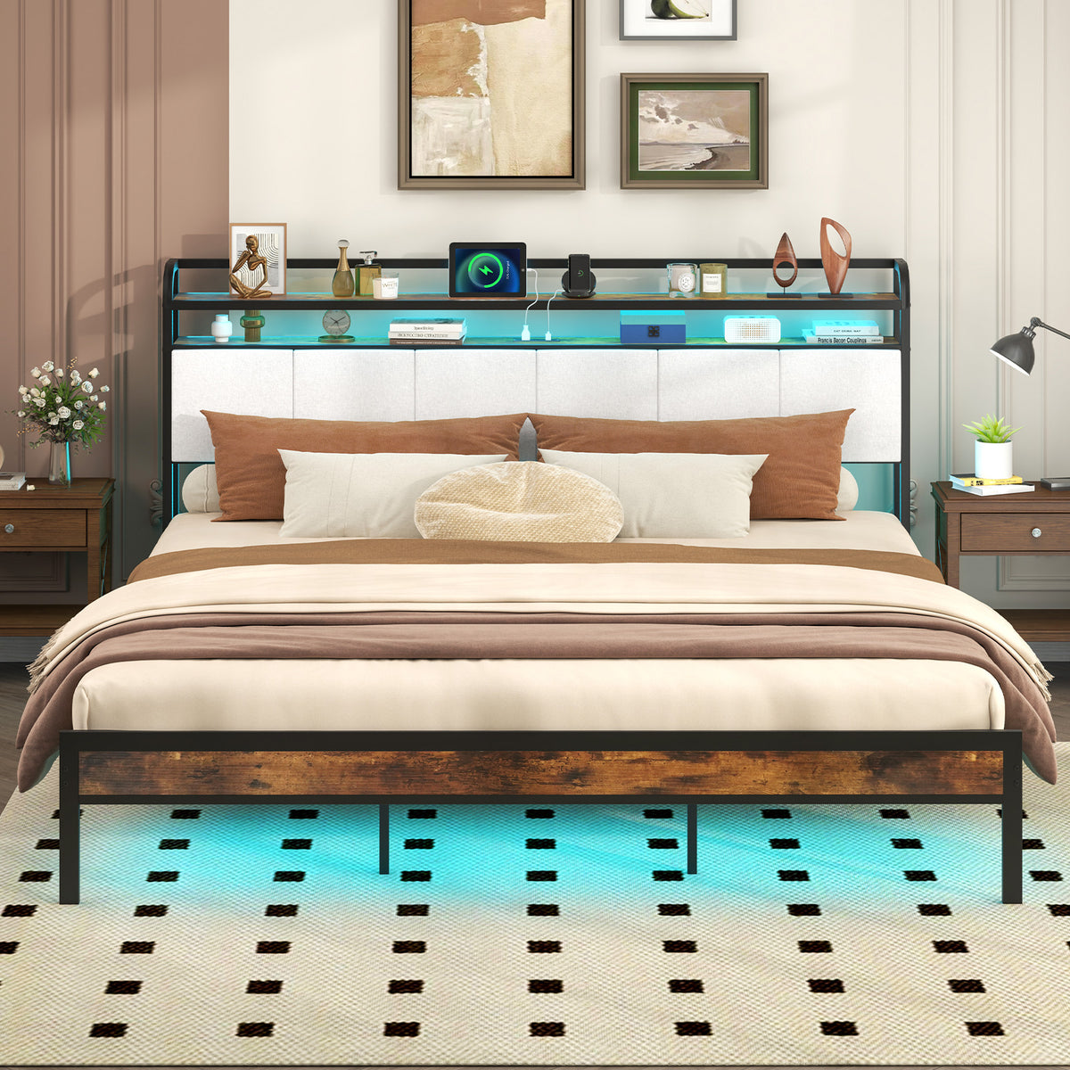 King size bed frame with LED lights and charging station, modern furniture for bedroom, by Wilsons Home Store